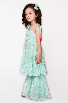 Blue printed georgette girls-top-bottom