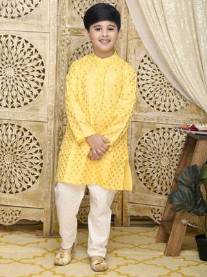 Yellow printed blended cotton boys-kurta-pyjama 1