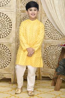 Yellow printed blended cotton boys-kurta-pyjama