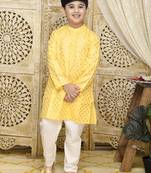 Yellow printed blended cotton boys-kurta-pyjama