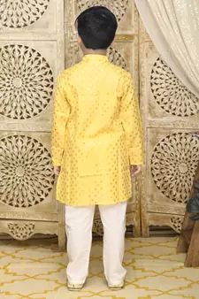 Yellow printed blended cotton boys-kurta-pyjama