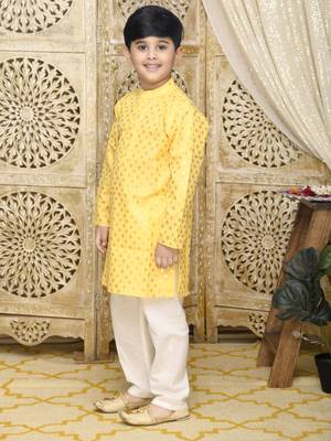 Yellow printed blended cotton boys-kurta-pyjama 3