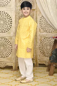 Yellow printed blended cotton boys-kurta-pyjama