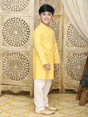 Yellow printed blended cotton boys-kurta-pyjama 5
