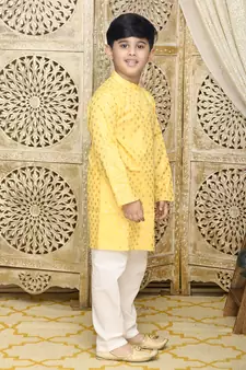Yellow printed blended cotton boys-kurta-pyjama