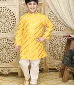 Yellow printed blended cotton boys-kurta-pyjama