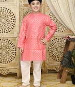 Yellow printed blended cotton boys-kurta-pyjama