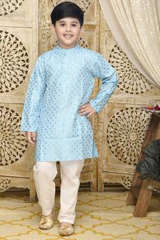 Blue printed blended cotton boys-kurta-pyjama