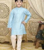Blue printed blended cotton boys-kurta-pyjama