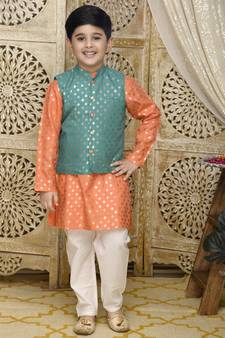 Orange printed blended cotton boys-kurta-pyjama
