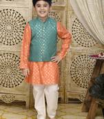 Orange printed blended cotton boys-kurta-pyjama