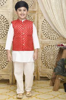 Red printed blended cotton boys-kurta-pyjama