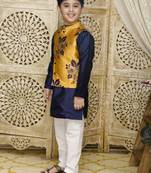 Blue hand woven blended cotton boys-kurta-pyjama
