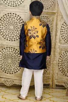 Blue hand woven blended cotton boys-kurta-pyjama