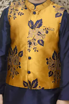 Blue hand woven blended cotton boys-kurta-pyjama