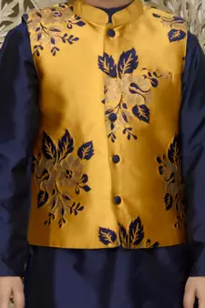 Blue hand woven blended cotton boys-kurta-pyjama