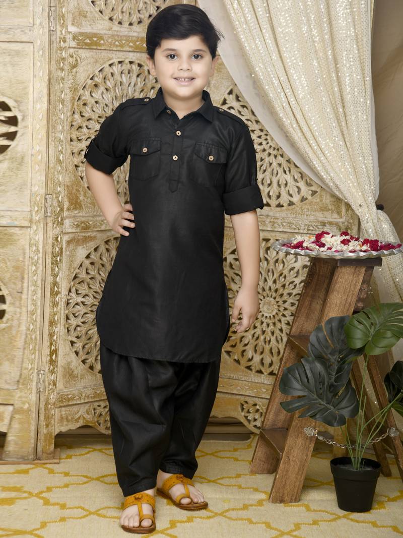 Black plain cotton boys-kurta-pyjama