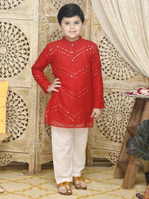 Red embroidered georgette boys-kurta-pyjama 1