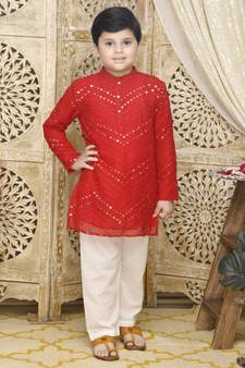 Red embroidered georgette boys-kurta-pyjama