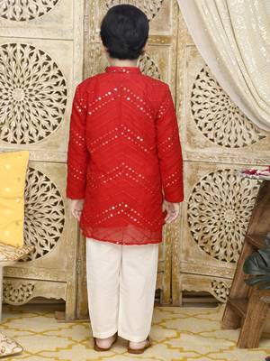 Red embroidered georgette boys-kurta-pyjama 2