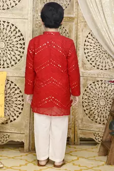 Red embroidered georgette boys-kurta-pyjama