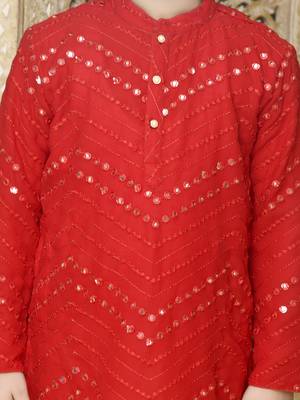 Red embroidered georgette boys-kurta-pyjama 4