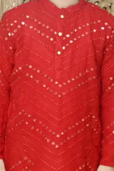 Red embroidered georgette boys-kurta-pyjama
