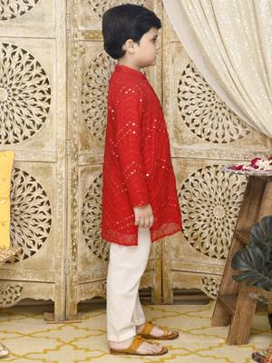 Red embroidered georgette boys-kurta-pyjama 5