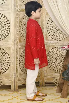 Red embroidered georgette boys-kurta-pyjama