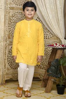 Yellow embroidered georgette boys-kurta-pyjama