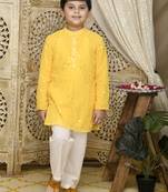Yellow embroidered georgette boys-kurta-pyjama