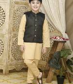 Gold printed cotton boys-kurta-pyjama