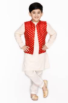 Orange hand woven cotton boys-kurta-pyjama
