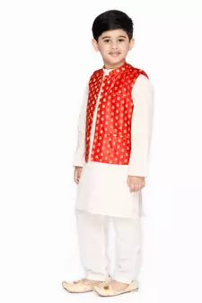 Orange hand woven cotton boys-kurta-pyjama