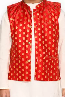 Orange hand woven cotton boys-kurta-pyjama