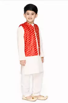 Orange hand woven cotton boys-kurta-pyjama