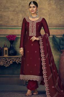 Maroon embroidered pure silk salwar