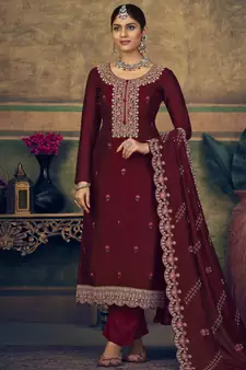Maroon embroidered pure silk salwar