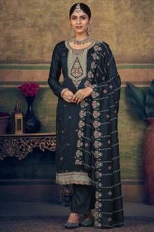 Navy blue embroidered pure silk salwar
