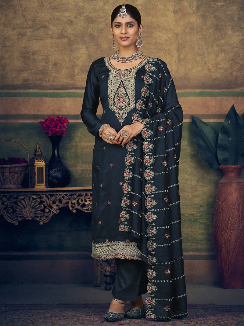 Navy blue embroidered pure silk salwar