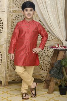 Maroon printed chanderi boys-kurta-pyjama