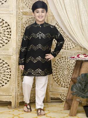 Black hand woven blended cotton boys-kurta-pyjama 1