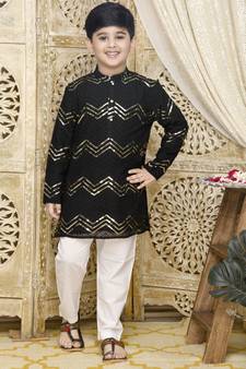 Black hand woven blended cotton boys-kurta-pyjama