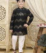 Black hand woven blended cotton boys-kurta-pyjama