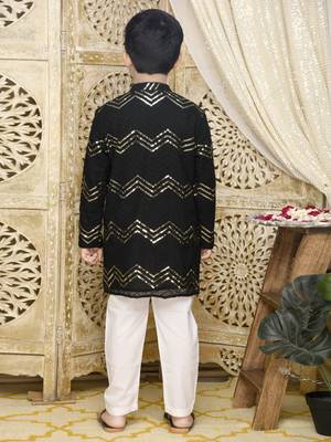 Black hand woven blended cotton boys-kurta-pyjama 2