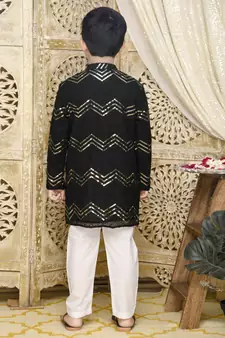 Black hand woven blended cotton boys-kurta-pyjama