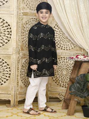 Black hand woven blended cotton boys-kurta-pyjama 3
