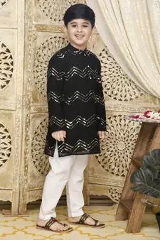 Black hand woven blended cotton boys-kurta-pyjama