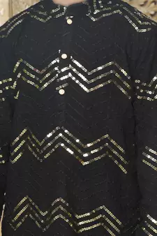 Black hand woven blended cotton boys-kurta-pyjama