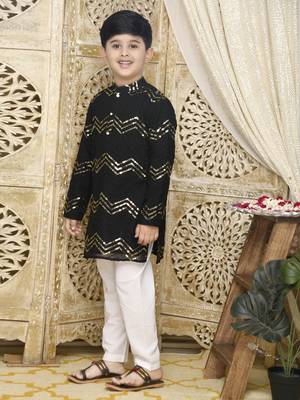 Black hand woven blended cotton boys-kurta-pyjama 5